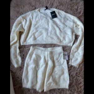 Fuzzy knit sweater crop top short set